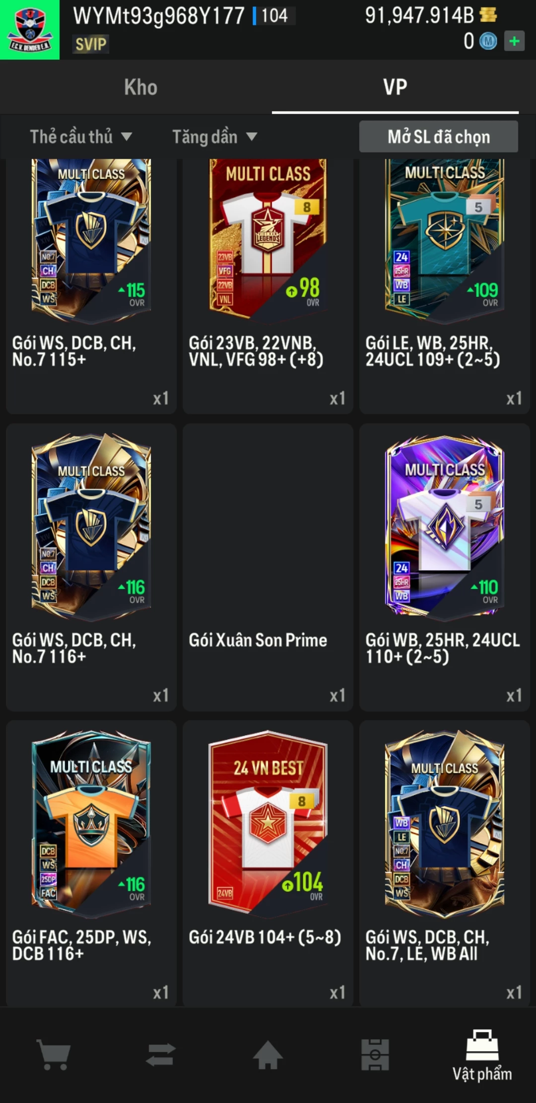 Ảnh ACC mở thẻ (LOẠI SUPER VIP) bao gồm có hơn 900+ đến 1100+ thẻ cầu thủ từ Siêu sao đến Miền núi các loại (ngẫu nhiên có: 01 thẻ +12 và 03 thẻ PRIME QH, XS, CP...) Acc có sẵn BP trắng từ 80.000 tỷ BP đến 120.000 tỷ BP kèm theo nhiều ngày SVIP